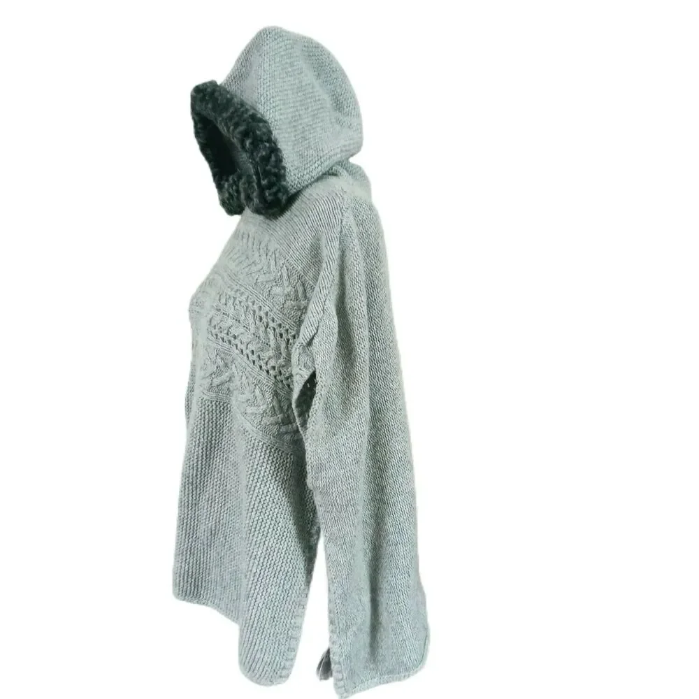 🥼👓Gap Kids XL Hoodie Poncho Cable Knit Heather Gray Faux Fur Trim Girls Winter
